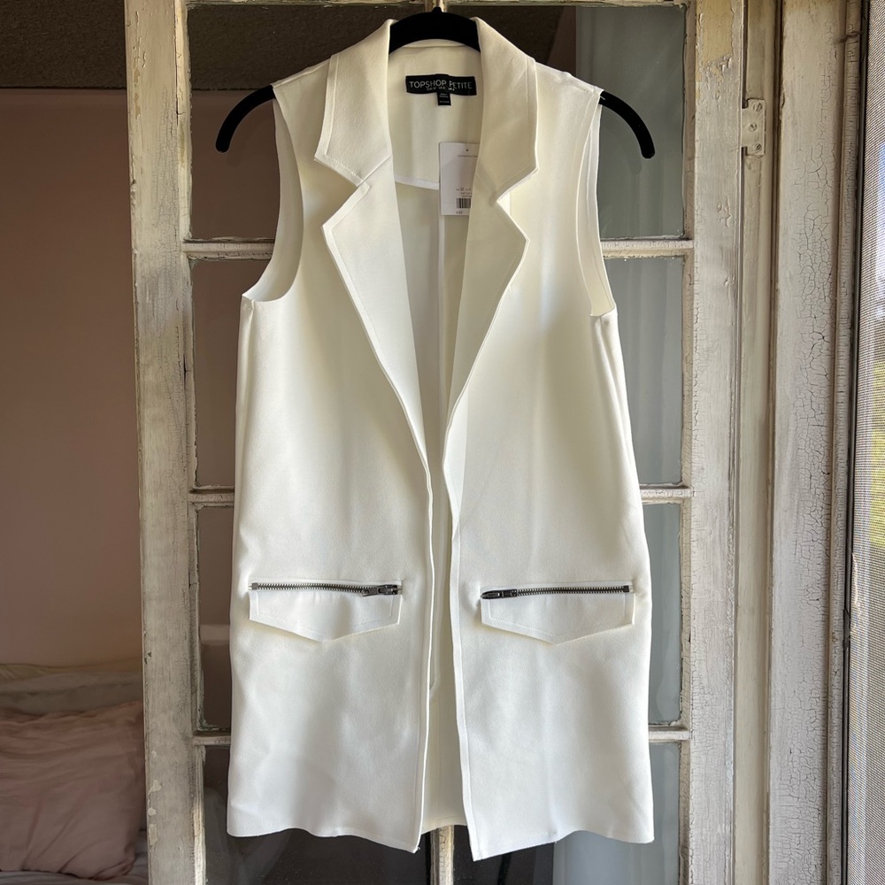 Topshop Petite Ivory Raw Edge Sleeveless Open Front Zipper Pocket Long Vest